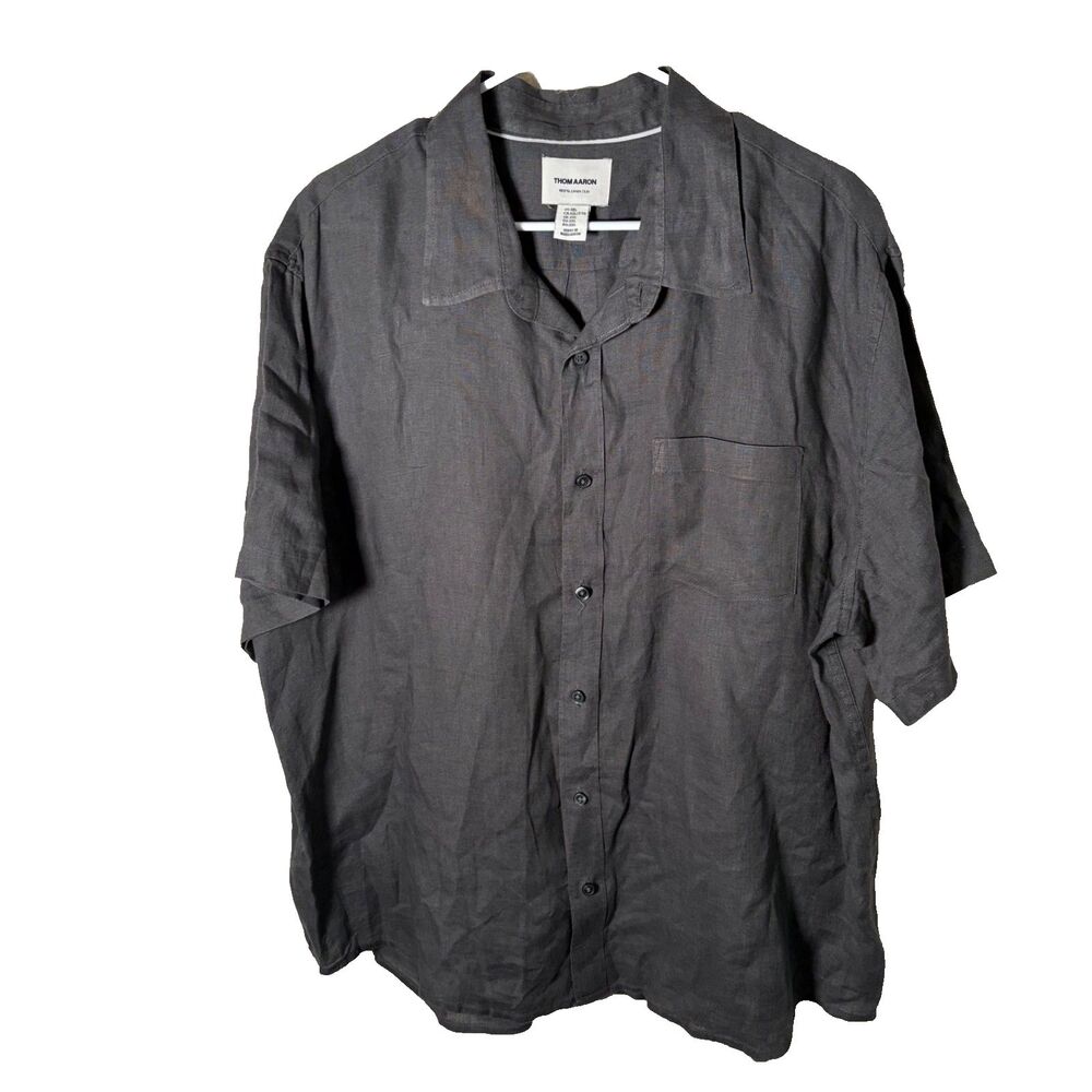 Thom Aaron Shirt Men's XXL Gray 100% Linen Short Sleeve Button Up Collared